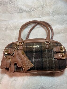 Steve Madden Brown Plaid Satchel with Tassel Charm